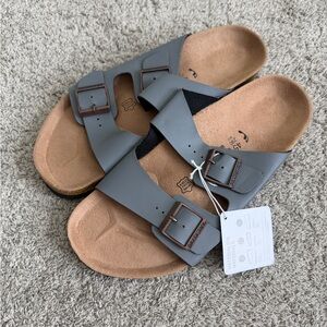 Birkenstock Gray and Black Two-Strap Sandals